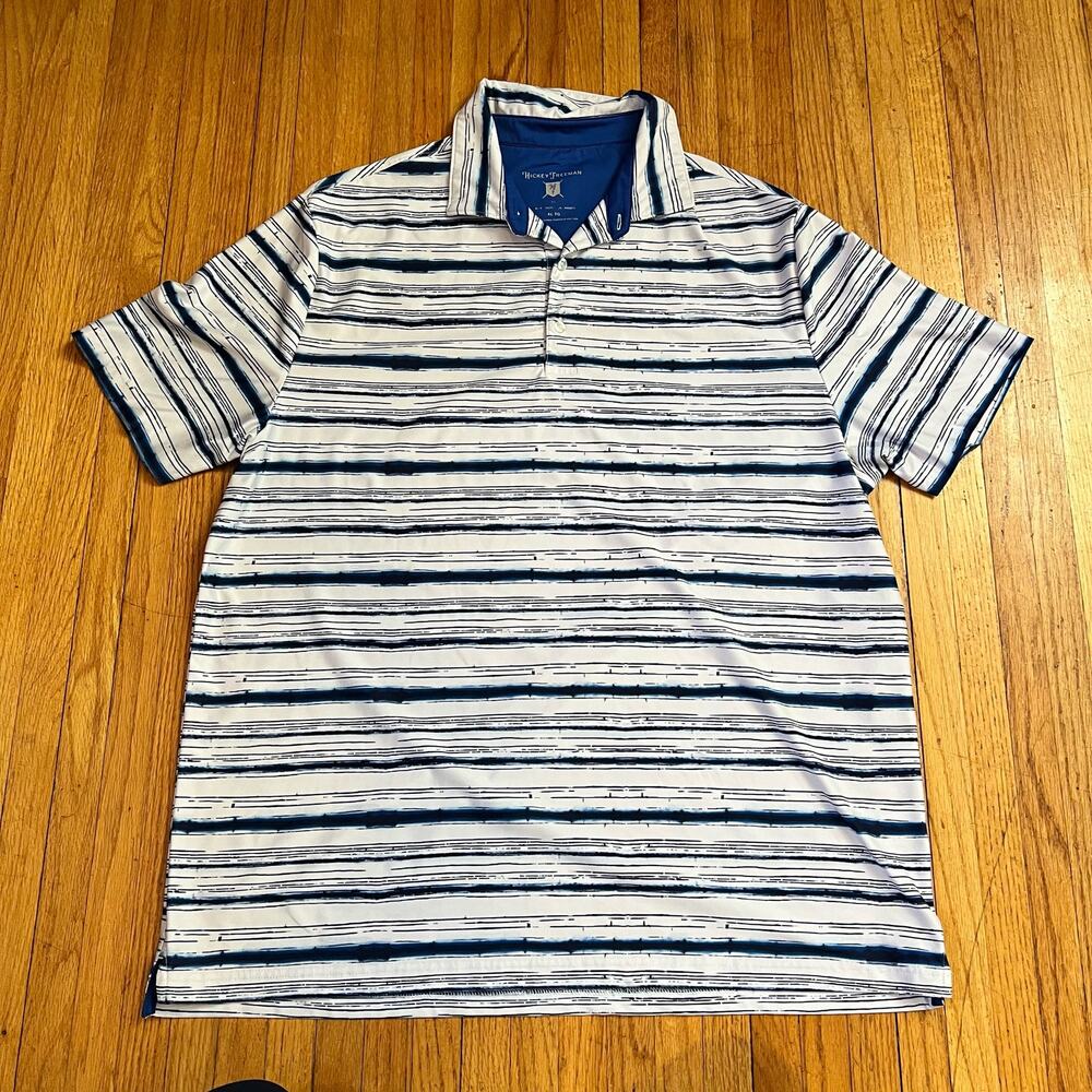 Hickey Freeman Polo Shirt Mens XL Performance Golf Blue White Stripe